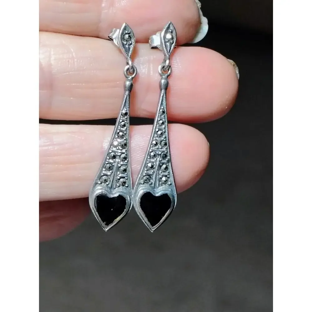 925 Silver Marcasite Black Heart Earrings
